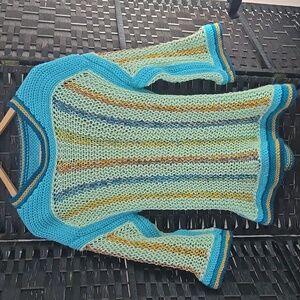 Handmade Crochet Blue Multicolor Striped Women's Sweater